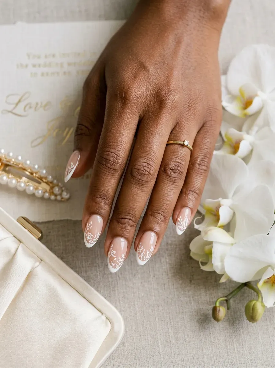 Fine white floral outlines decorating French edges on nude almond nails