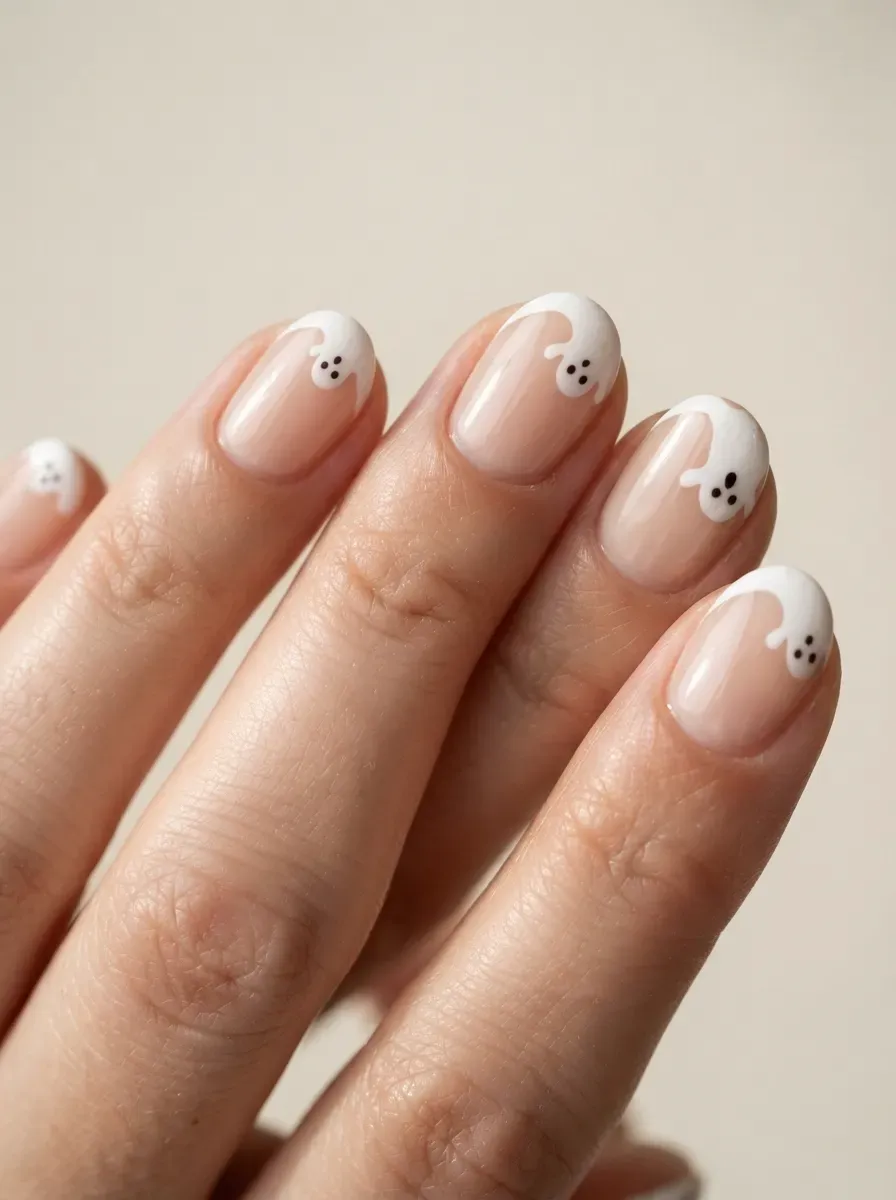 Short nails with white ghost shaped French tips over sheer nude polish