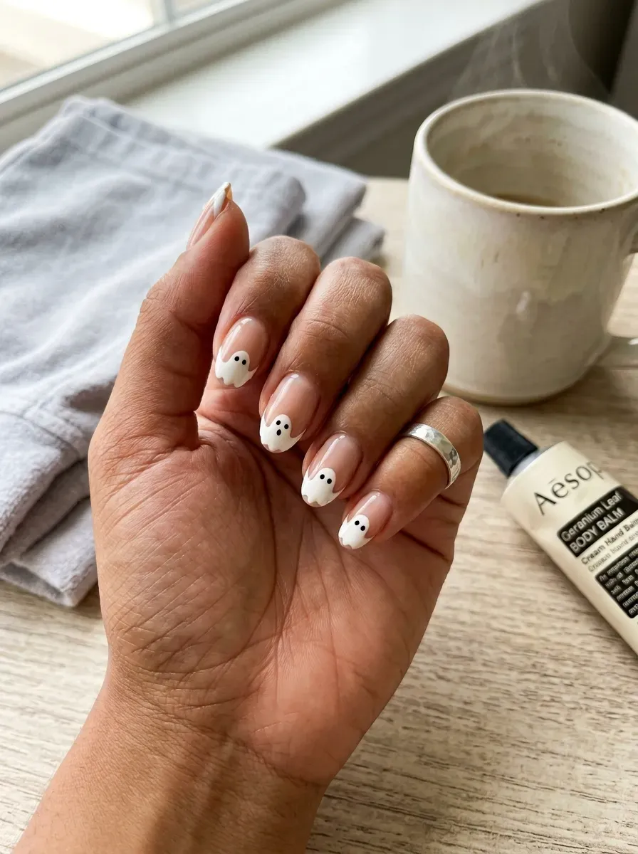Short nude nails with white ghost shaped micro French tips