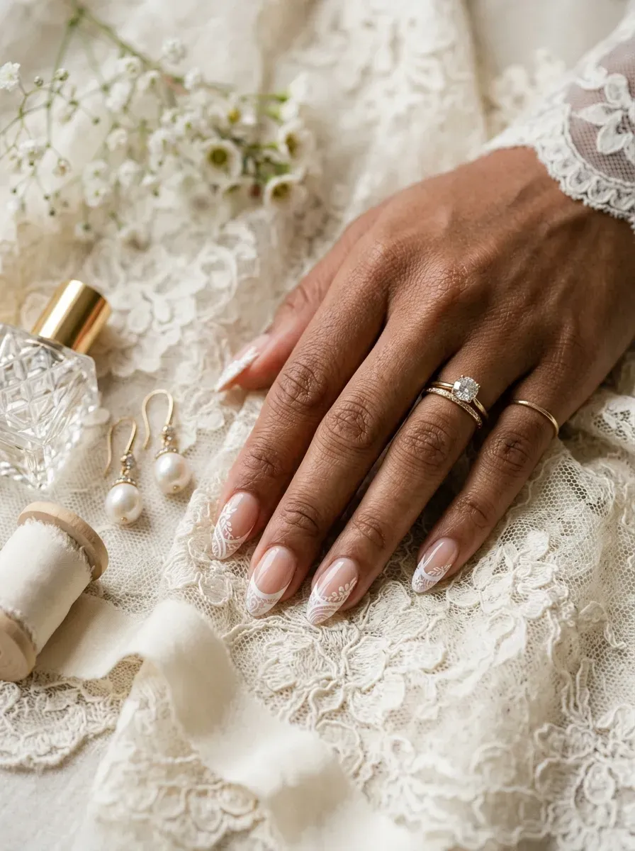 White lace inspired French tips on almond nails over warm brown skin