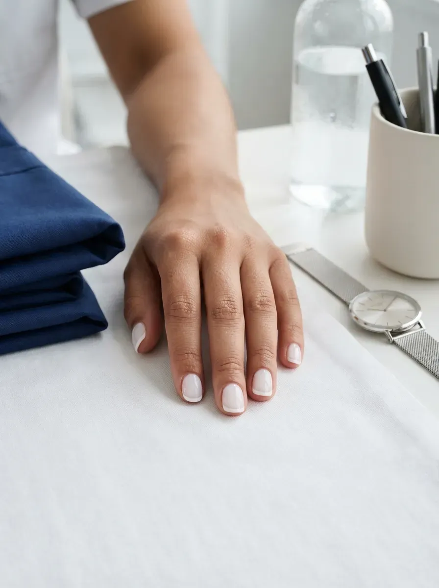 Short nude rounded nails with narrow clean white French tips
