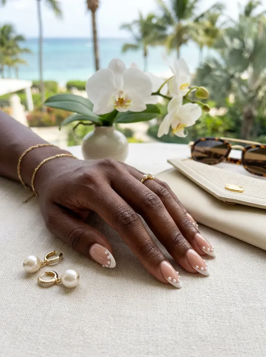 White micro French tips with tiny pearls on almond nude nails
