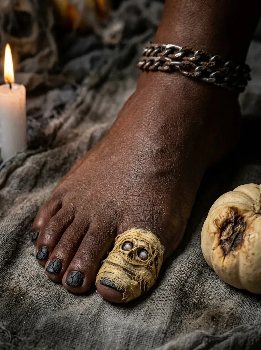 Black big toes with white mummy wrap line art and eyes