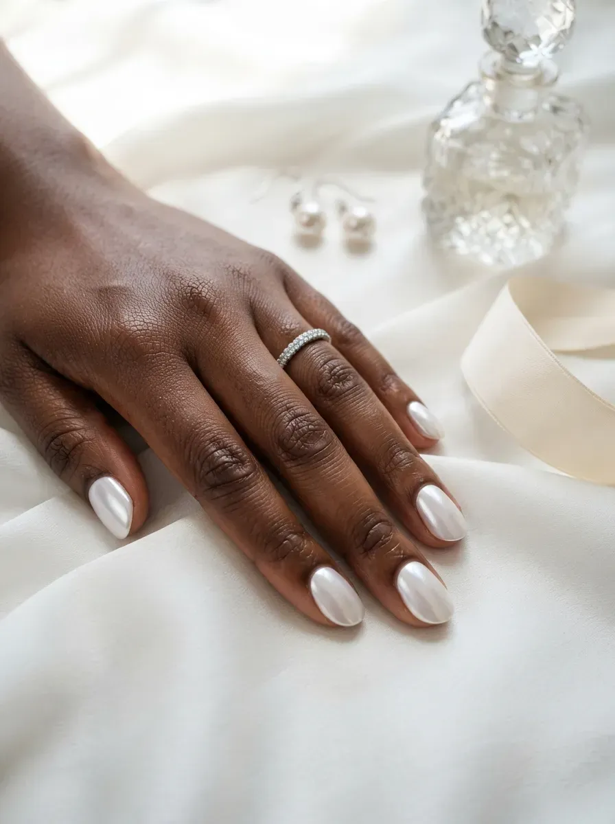 Short oval nails with luminous white pearl chrome on deep brown skin