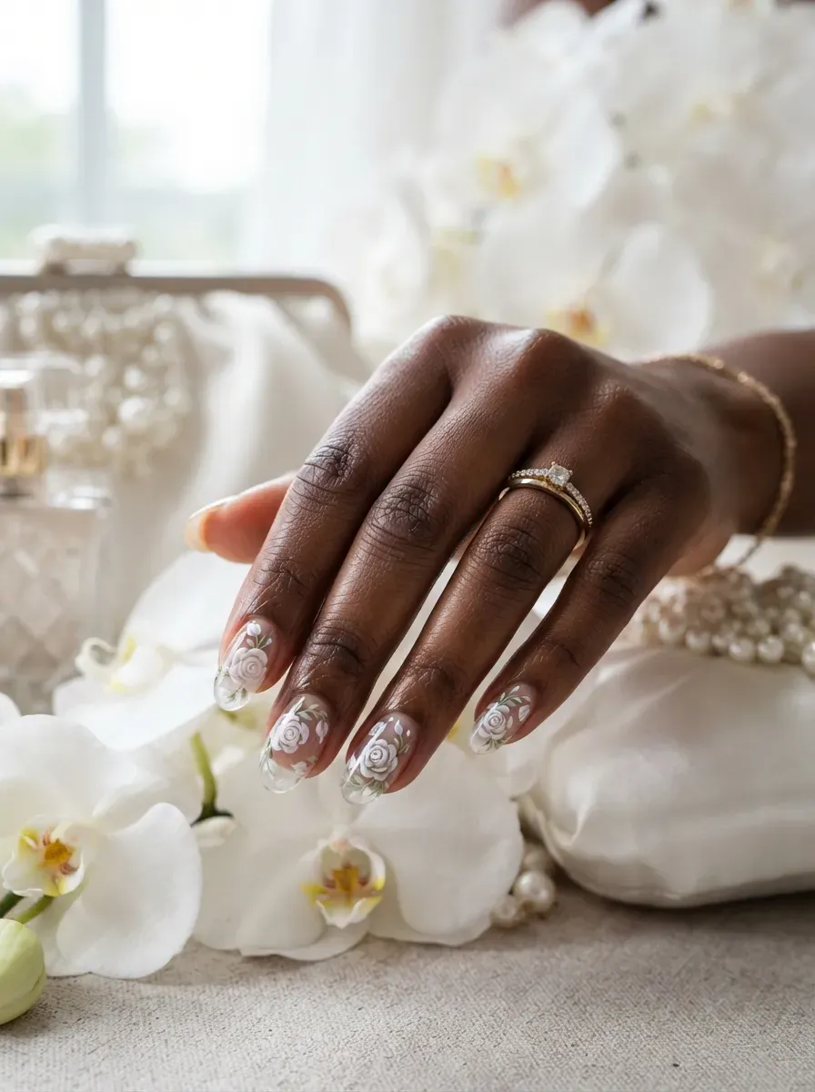 White hand-painted roses floating over clear glossy nails on dark skin