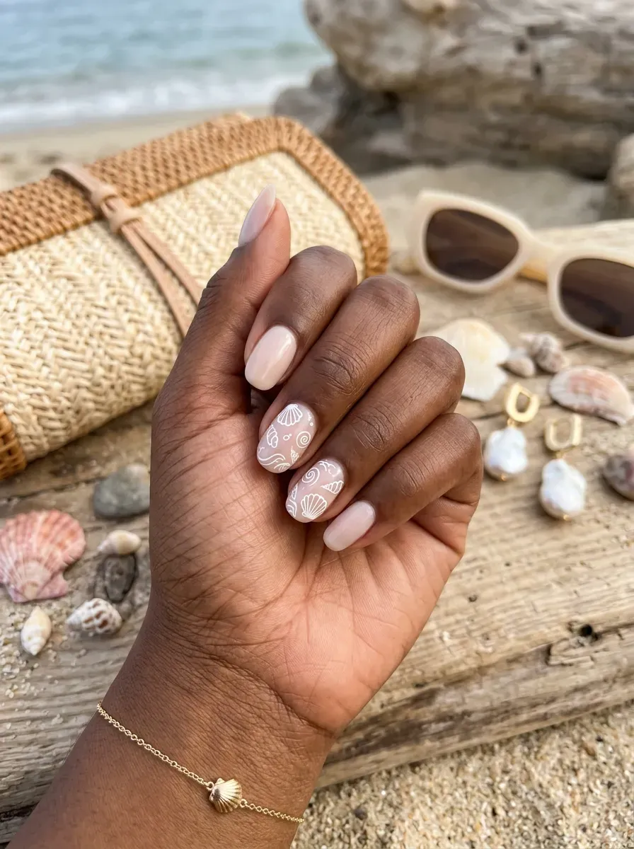 Milky nude nails with tiny white seashell accents on deep brown skin