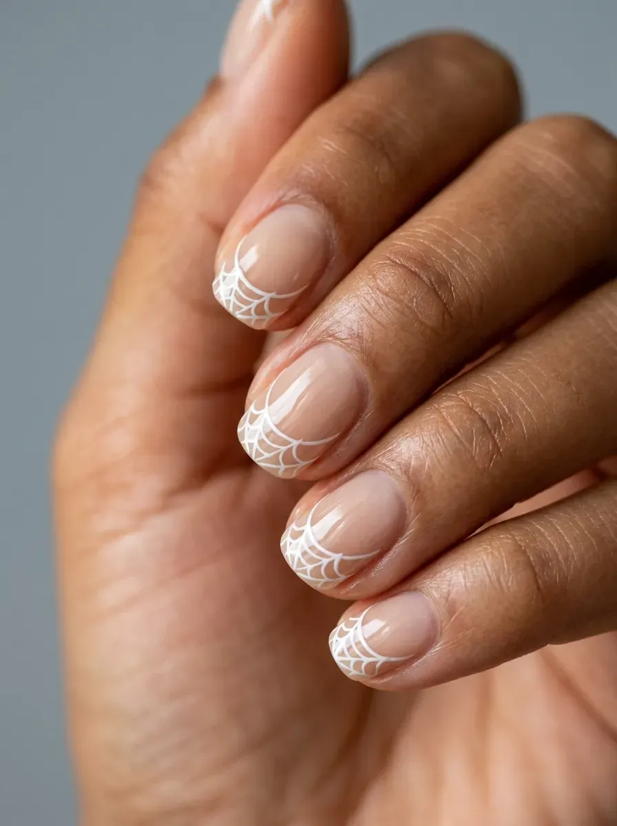 Short rounded nails with white spiderweb French tips on warm brown skin