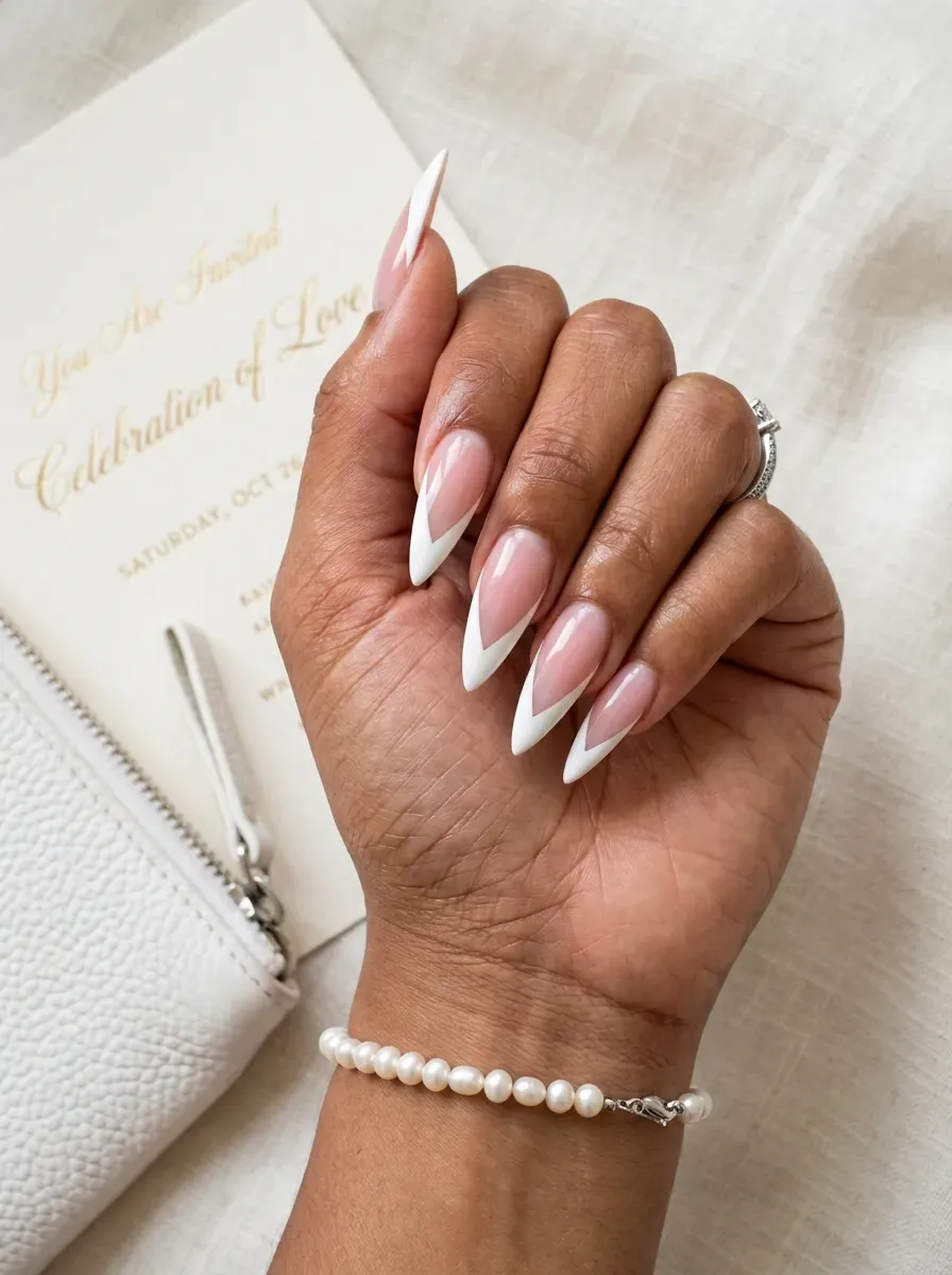 Long stiletto nails with sharp white V French tips on brown skin