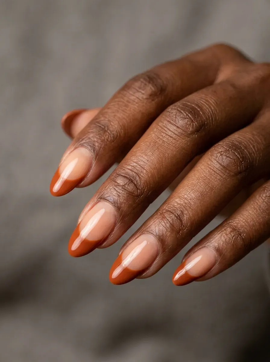 Wide burnt orange French tip nail design with bold color block