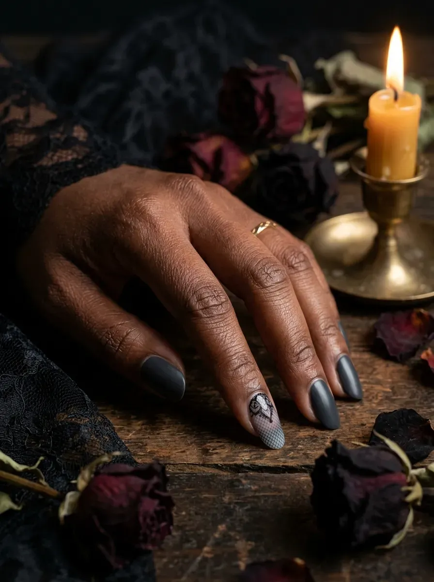 One accent nail with a sheer black lace veil pattern painted over a pale grey base on deep chestnut skin