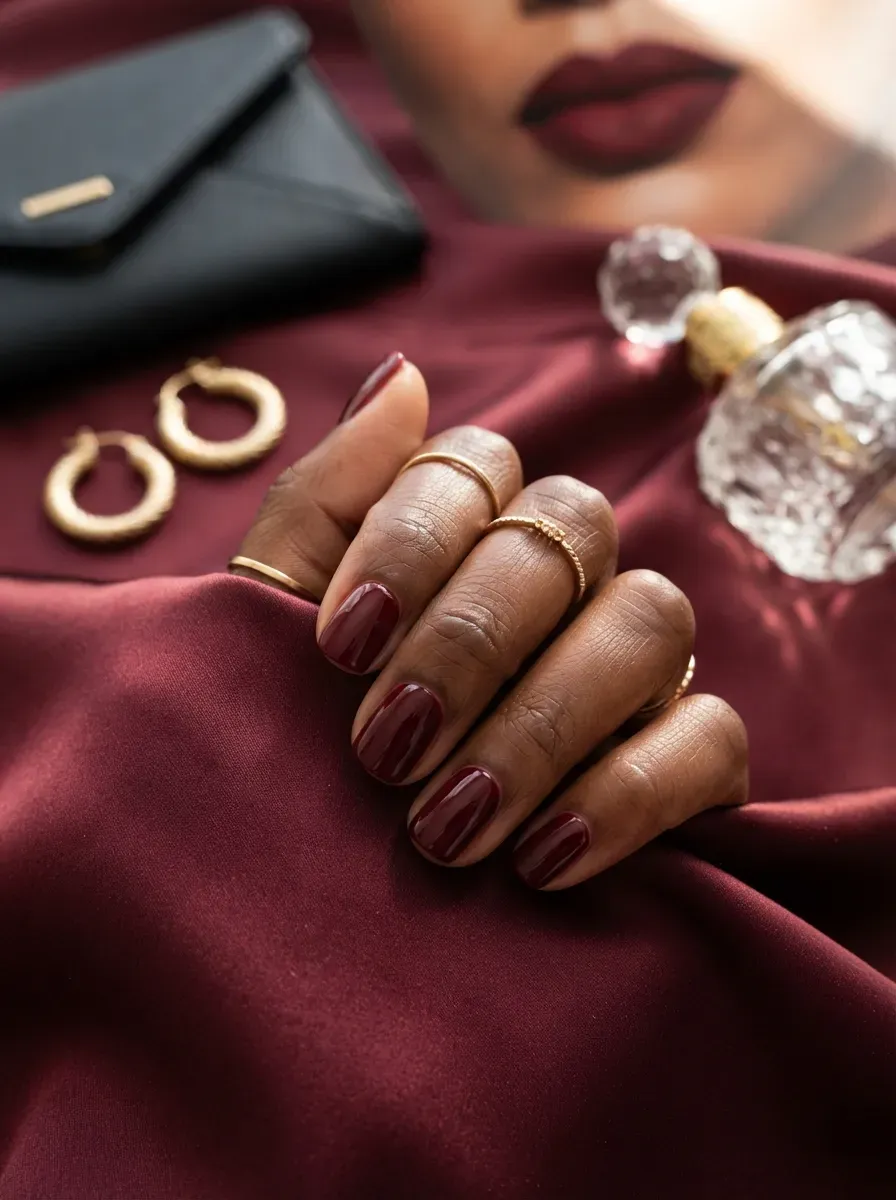 Glossy wine red nails on rich dark skin with elegant fall accessories