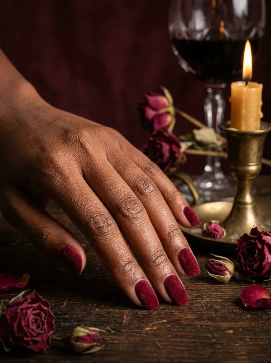 Nails in a matte wine red velvet finish on deep chestnut skin