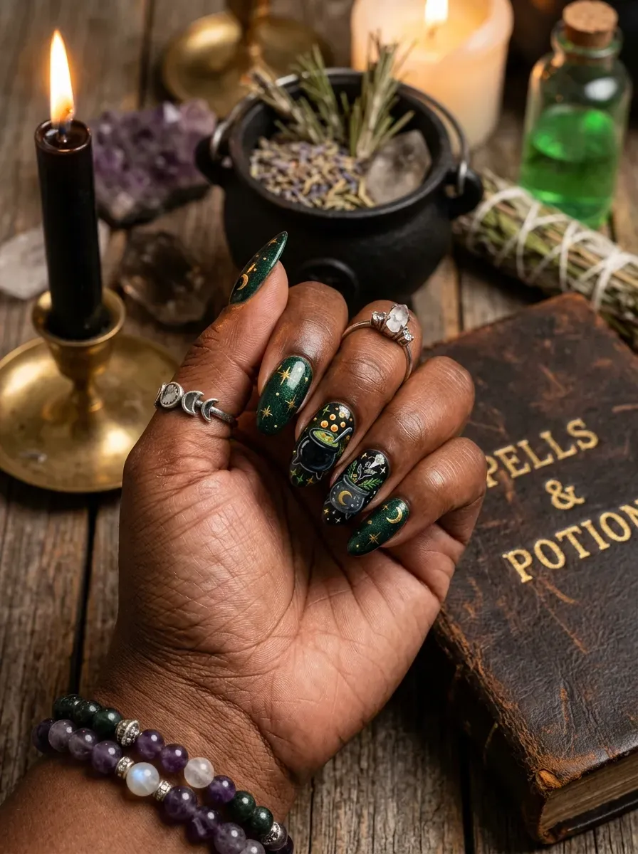 Halloween cauldron nail art with green potion details