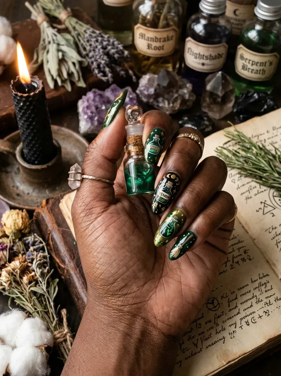 Potion bottle themed Halloween manicure with green accents