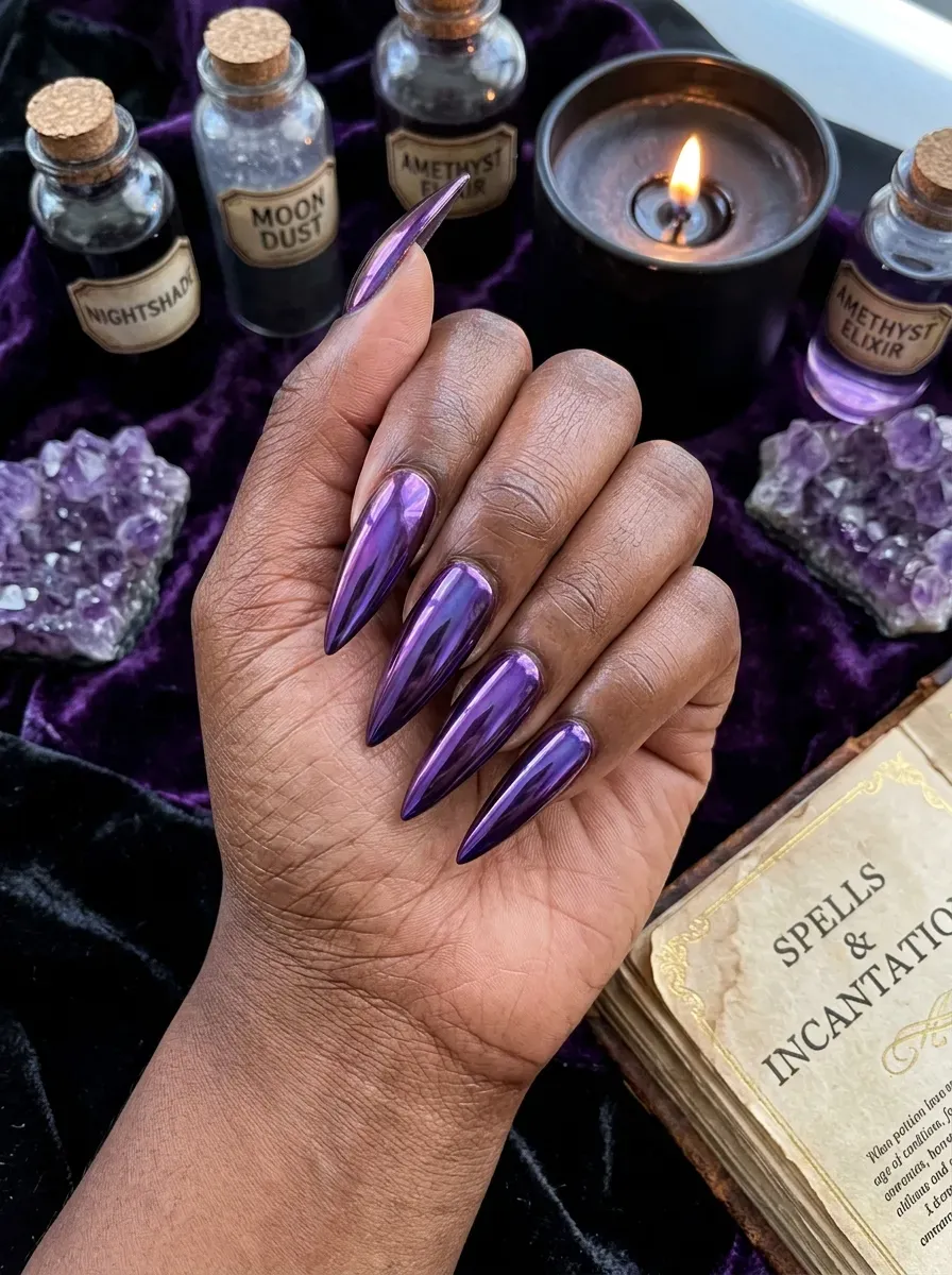 Purple chrome Halloween witch nails with metallic finish
