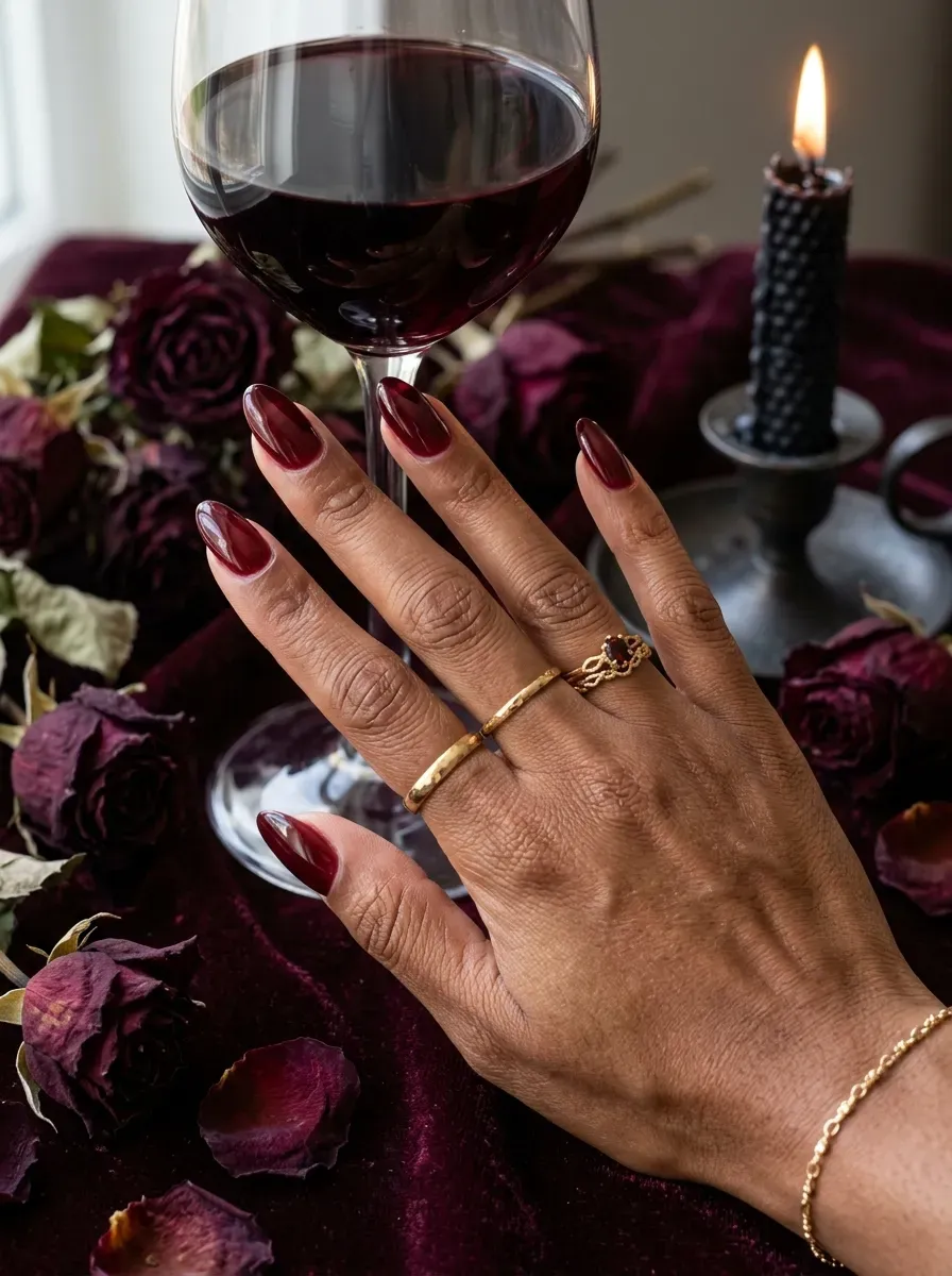 Translucent burgundy jelly witch manicure with glossy finish