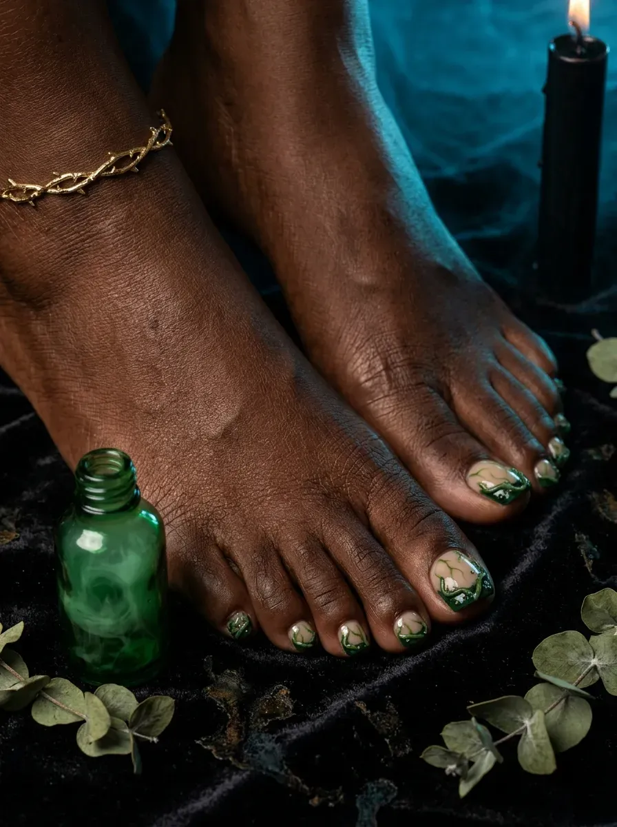 Dark green French tips on nude Halloween toes with deep skin