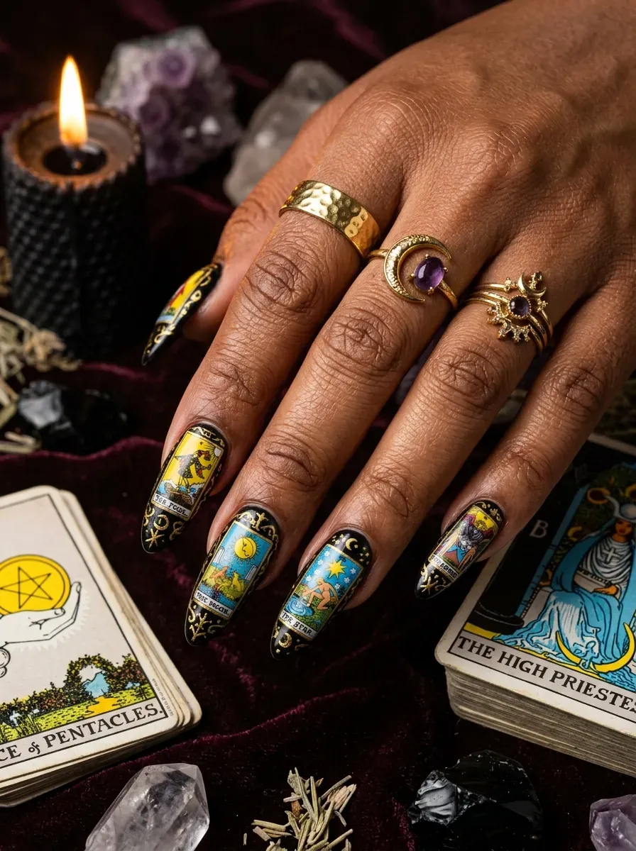 Nude witch nails with small black magical symbols
