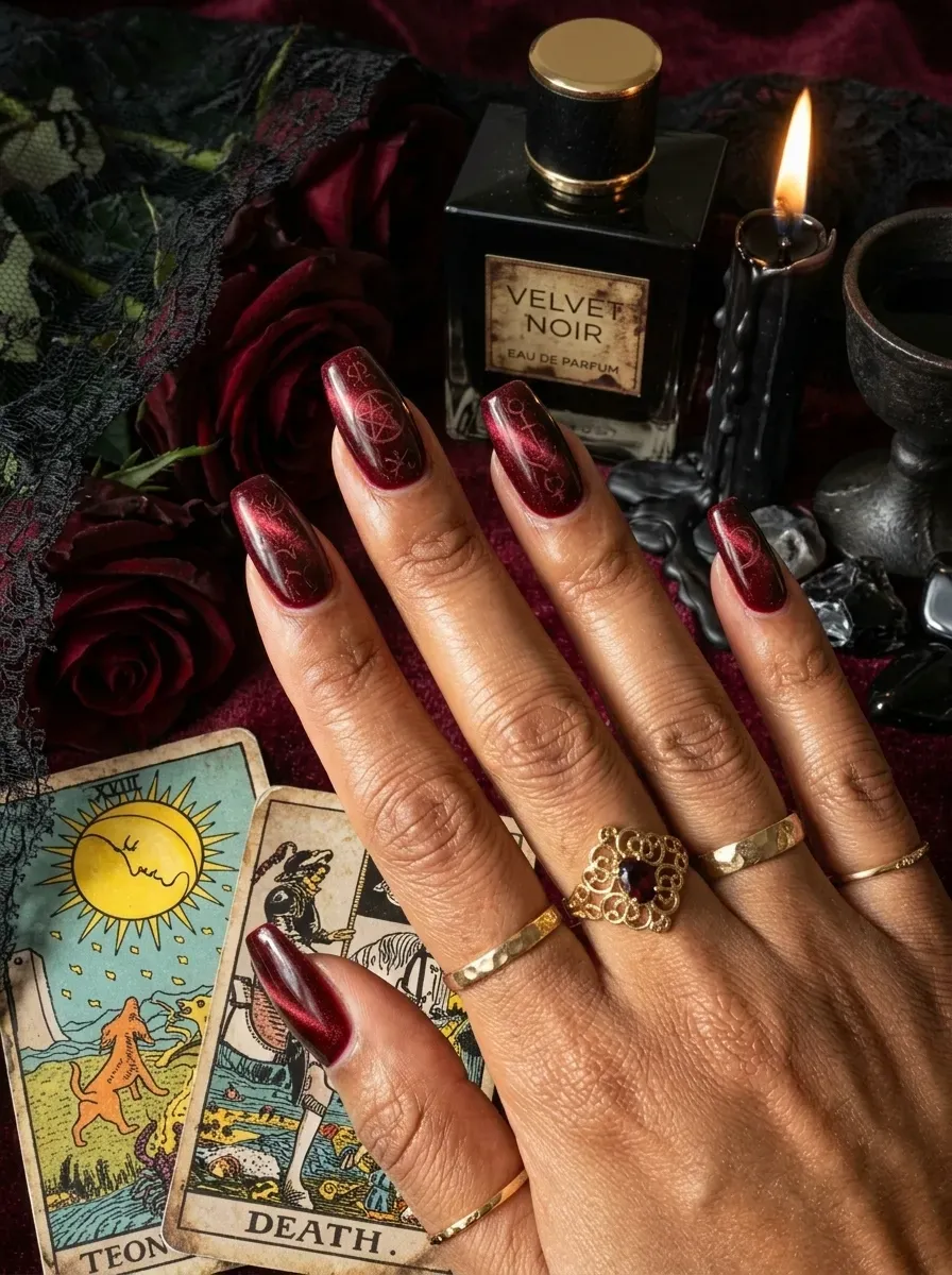 Deep red velvet magnetic witch manicure