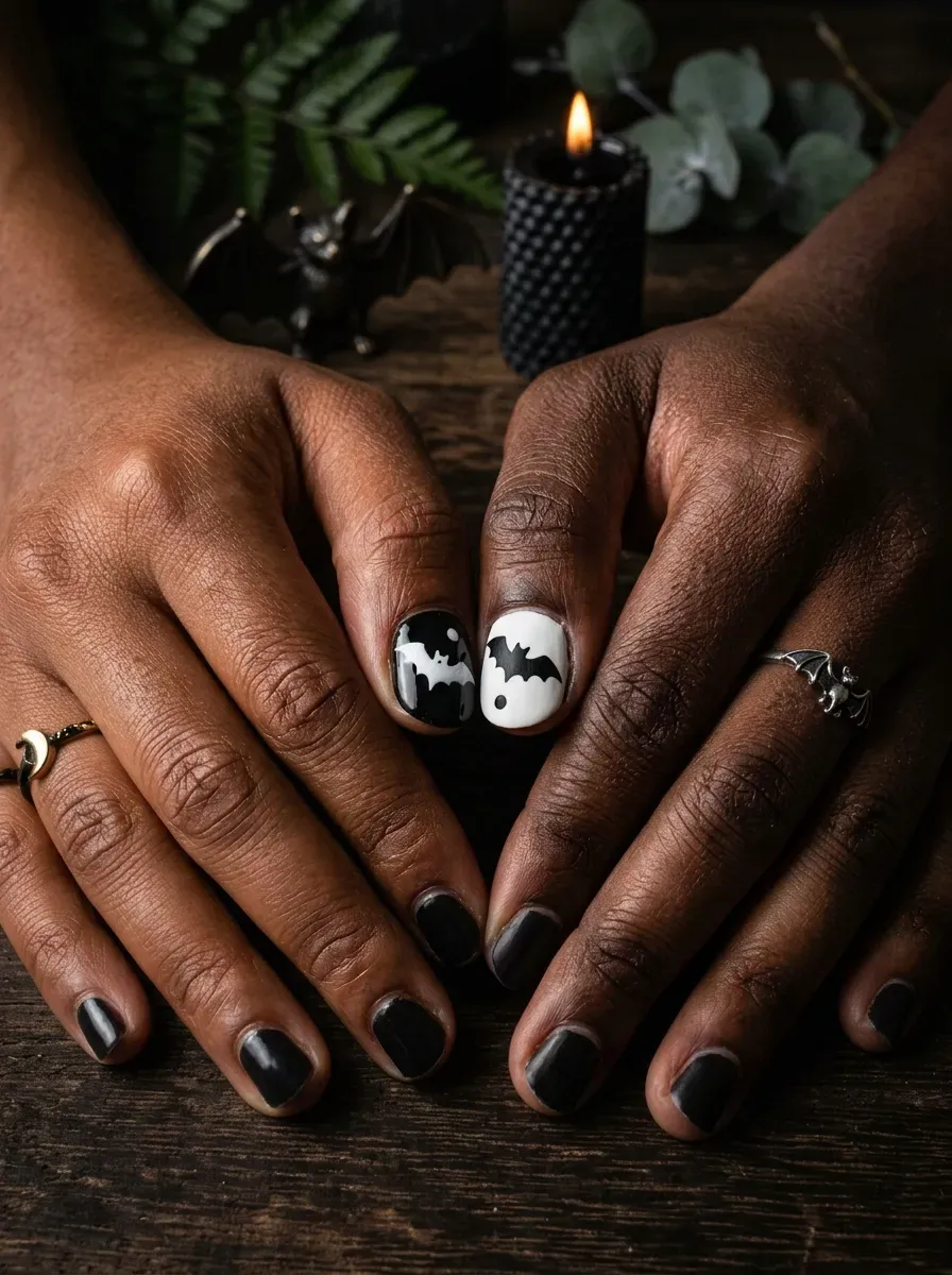 Two accent nails together forming a black and white yin yang bat design on deep chestnut skin and rich dark skin tone