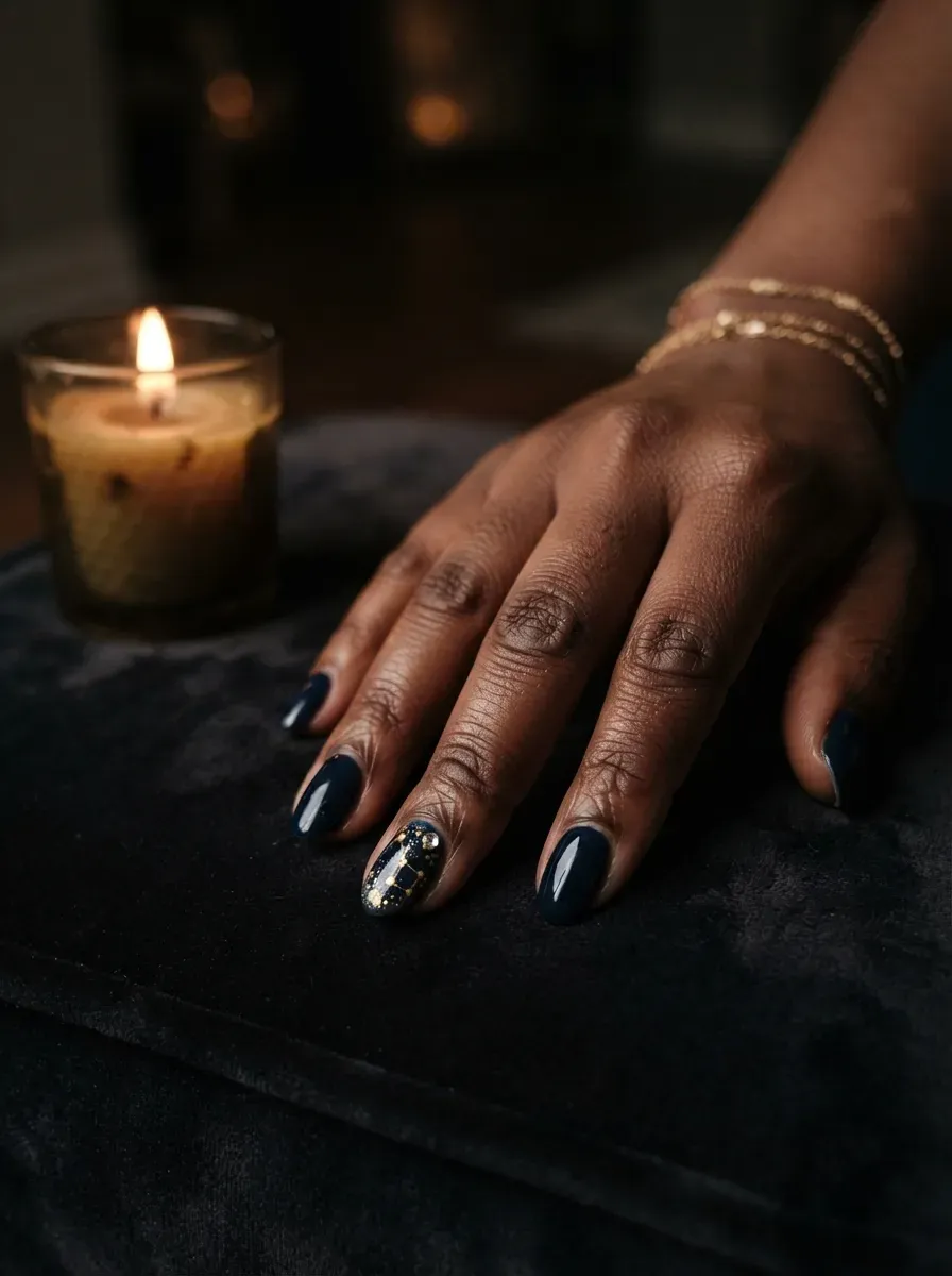 Close-up of constellation nail art on rich dark skin tone under moody indoor lighting