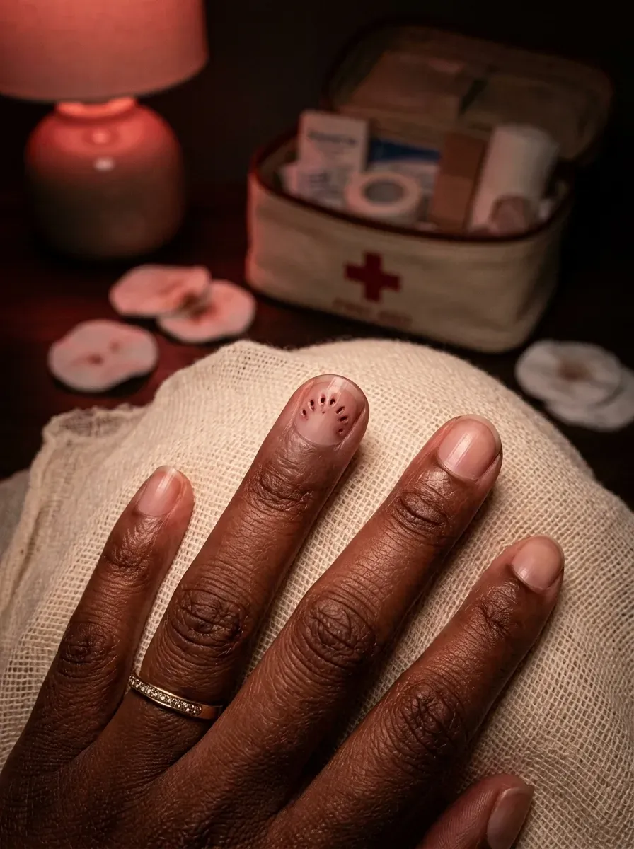 Close-up of a red puncture bite mark nail accent on deep chestnut skin
