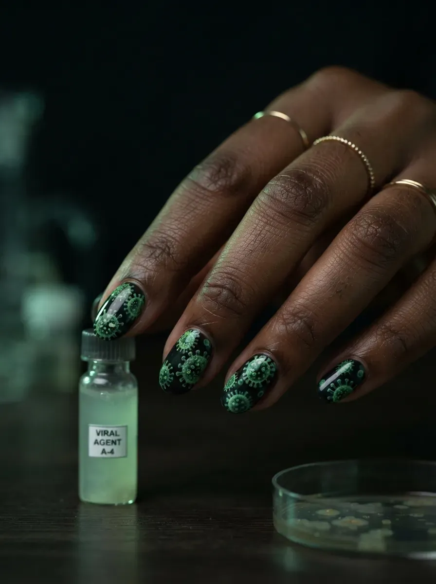 Close-up of green virus cell nail art over a dark base on deep brown skin