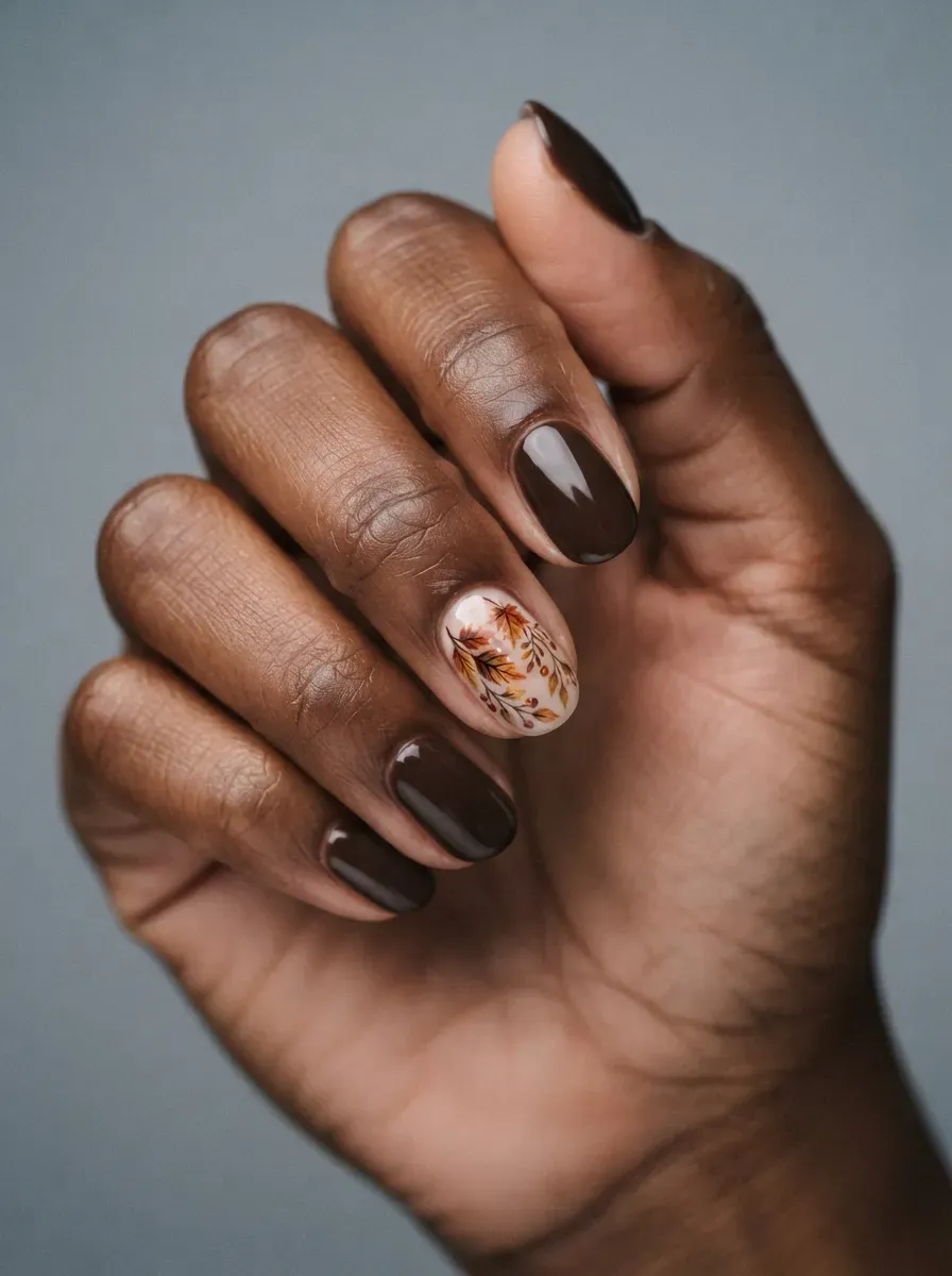Hand-painted autumn leaf nail art on a single accent nail