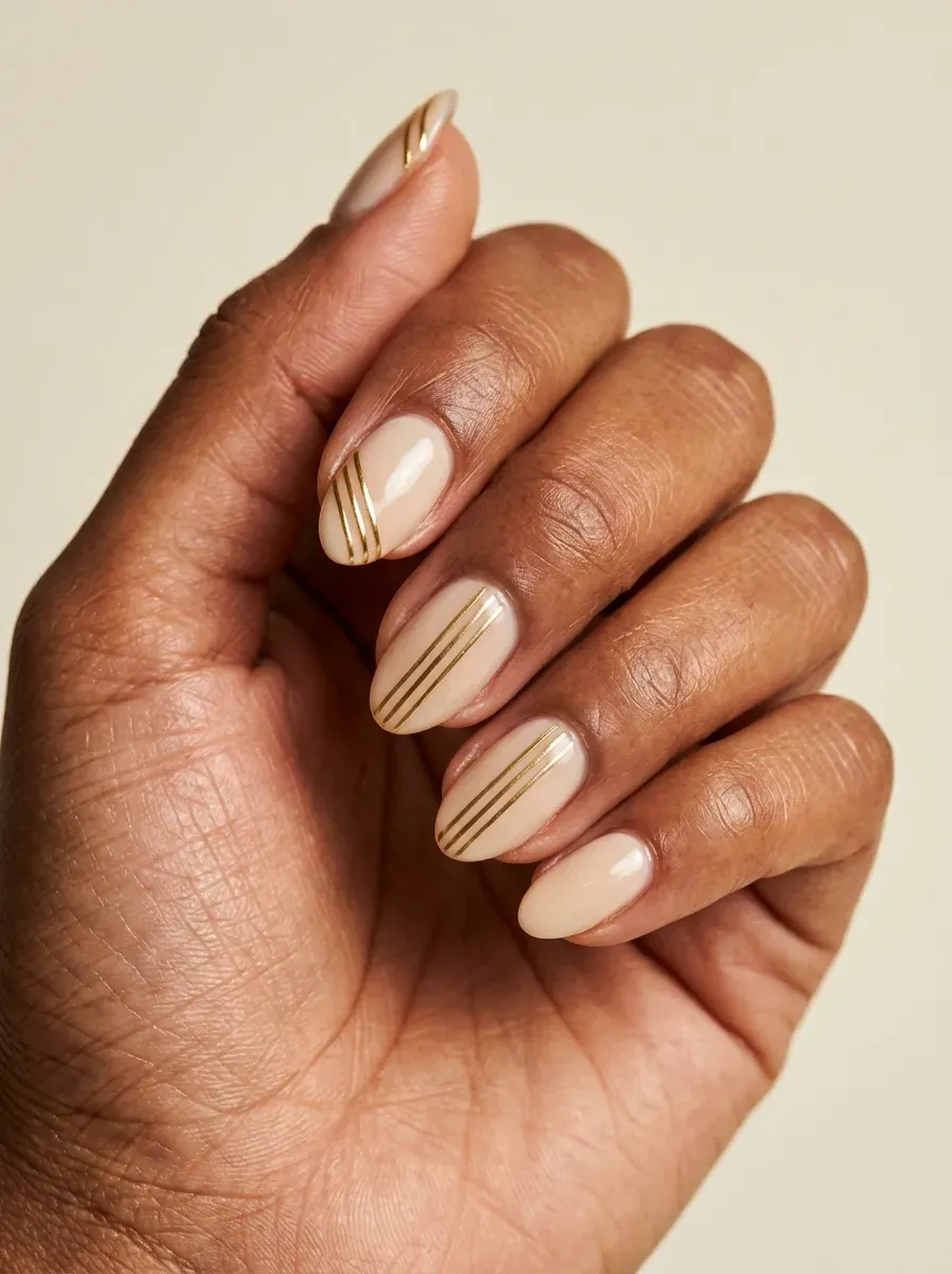 Short almond gel nails with beige polish and thin gold chrome lines