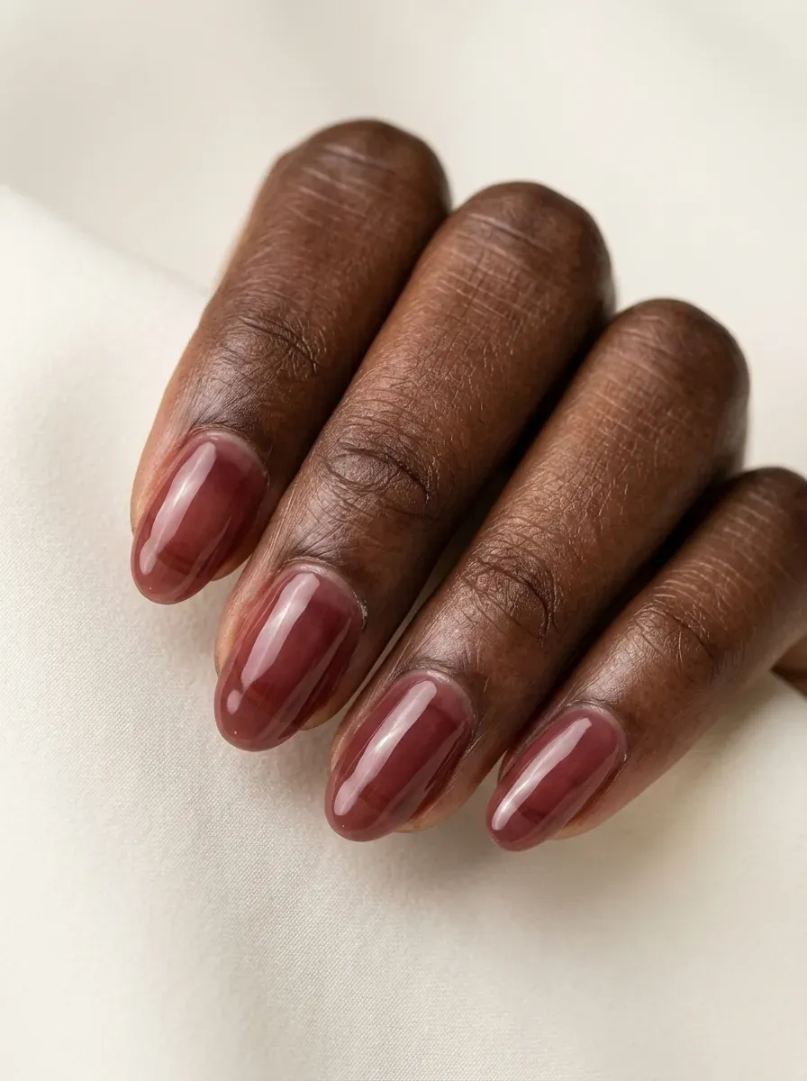 Sheer berry brown jelly nails with glossy translucent finish