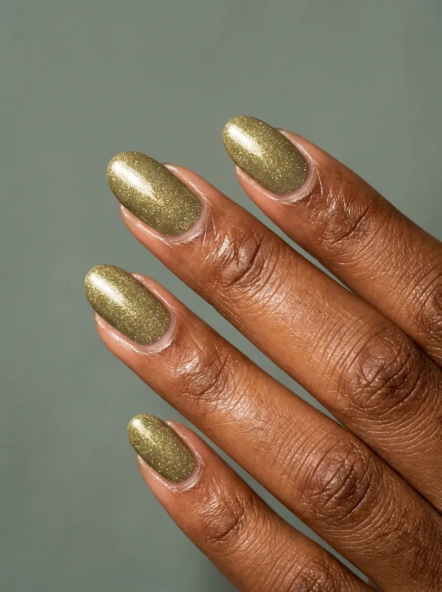 Blackened plum nails with glossy finish on deep brown skin and almond shape