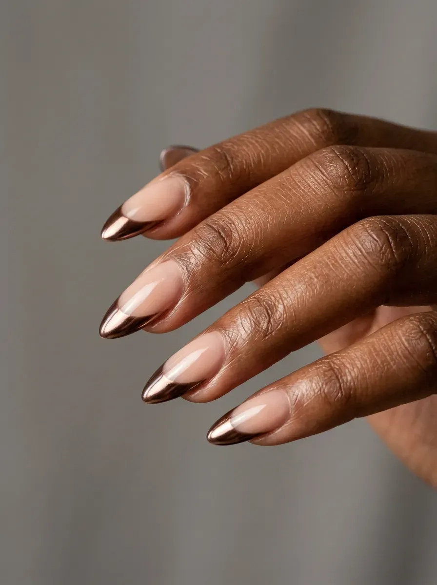 Medium almond gel nails with reflective brown chrome French tips