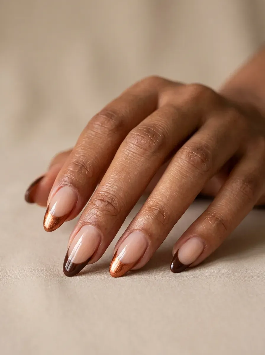 Brown and copper French tips over sheer nude almond nails