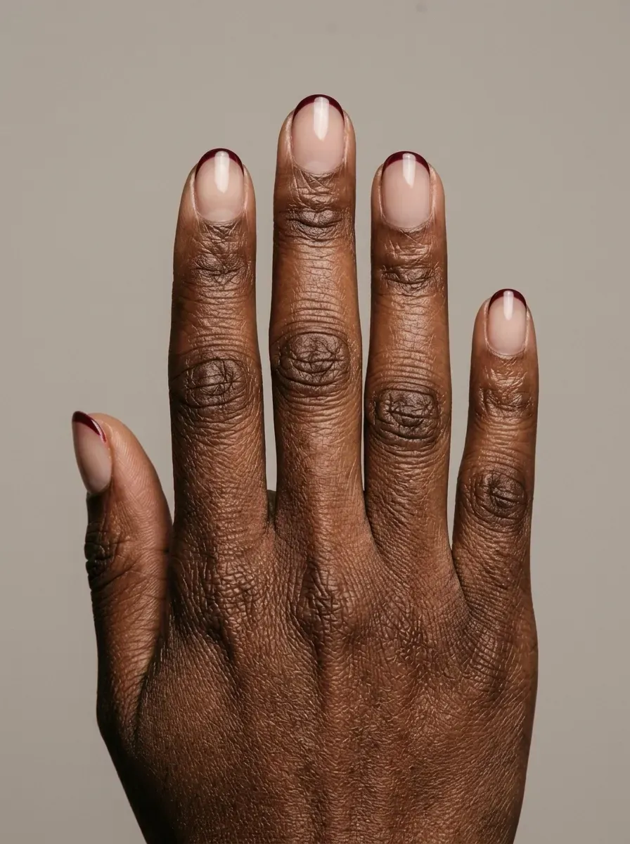 Short rounded gel nails with burgundy micro French tips over sheer nude