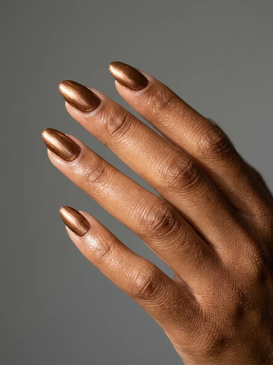 Burnished bronze gel nails with warm metallic autumn finish