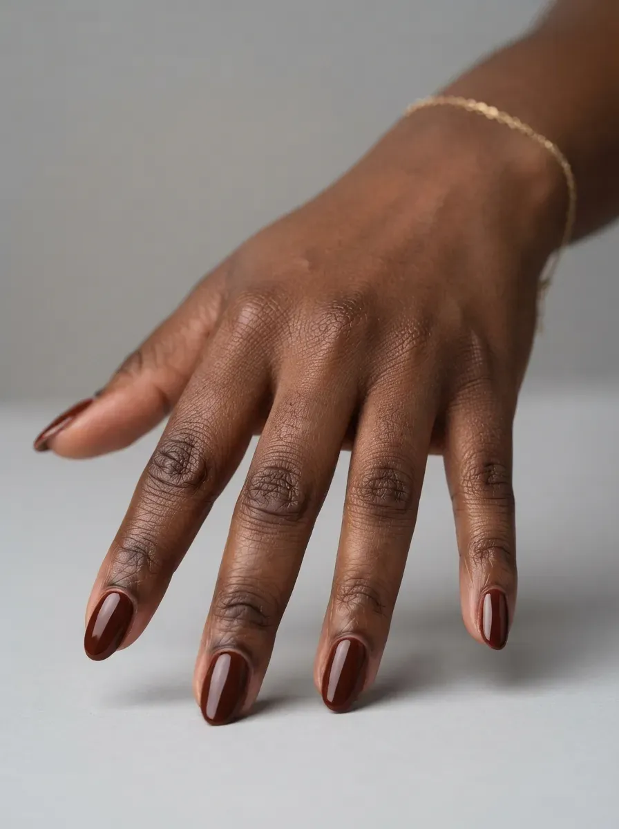 Deep burnt sienna reddish-brown gel nail polish close-up