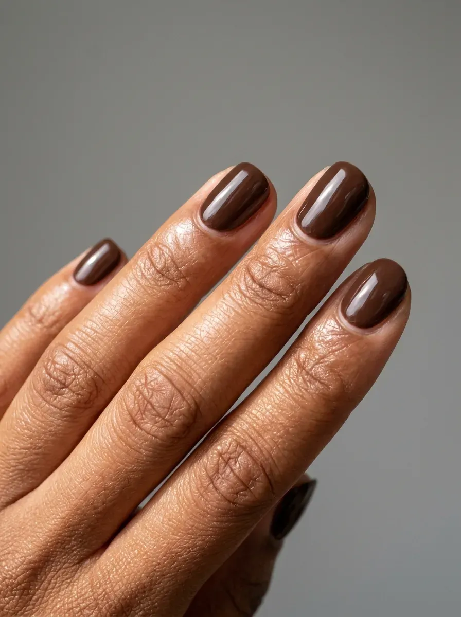 Short burnt sienna gel nails with warm autumn polish
