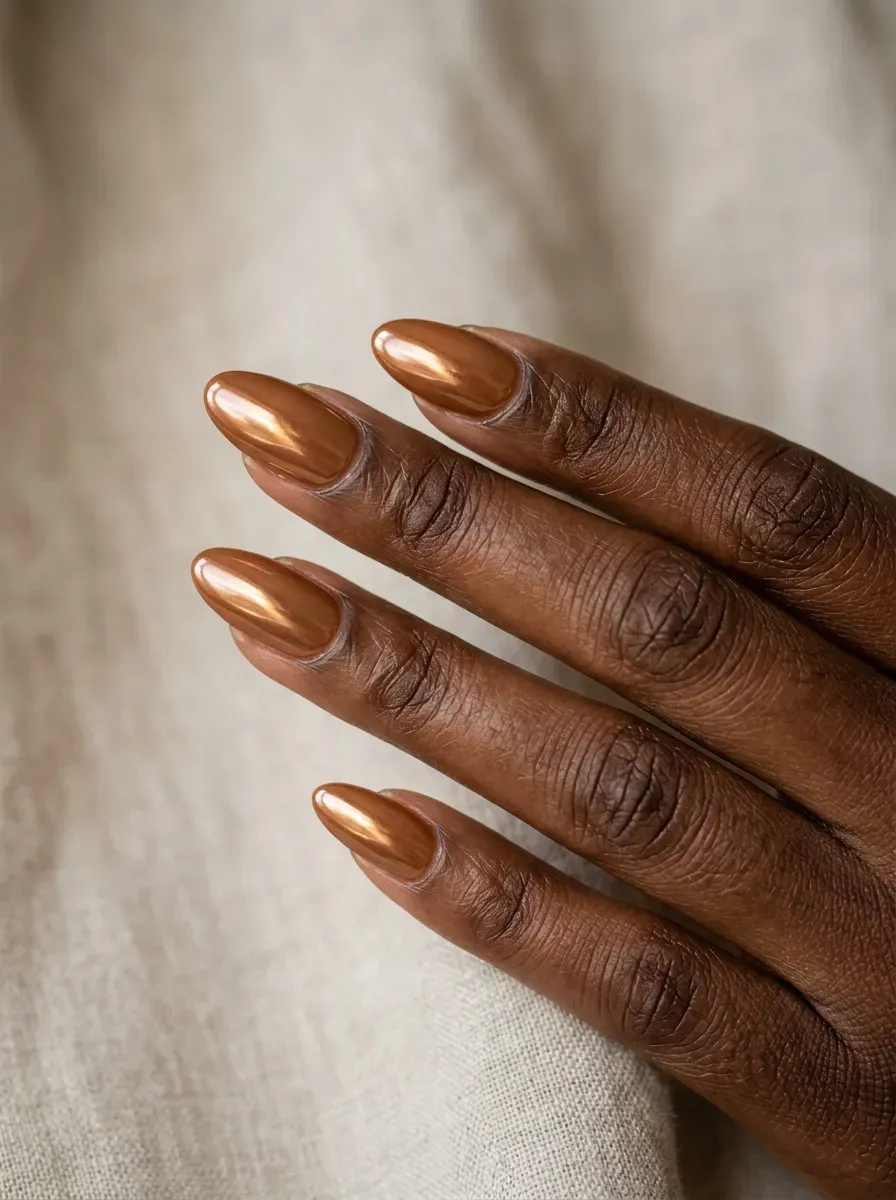 Caramel brown chrome finish gel nails with metallic shine