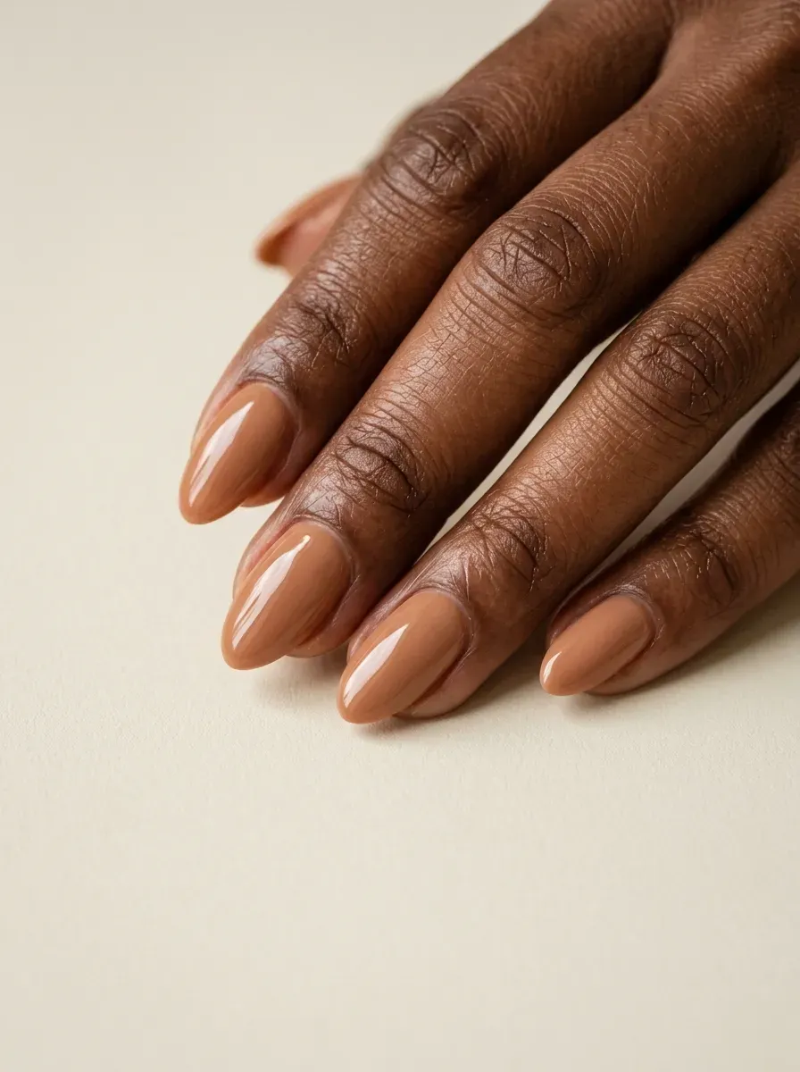 Glossy caramel nude nails on deep chestnut skin with short almond shape