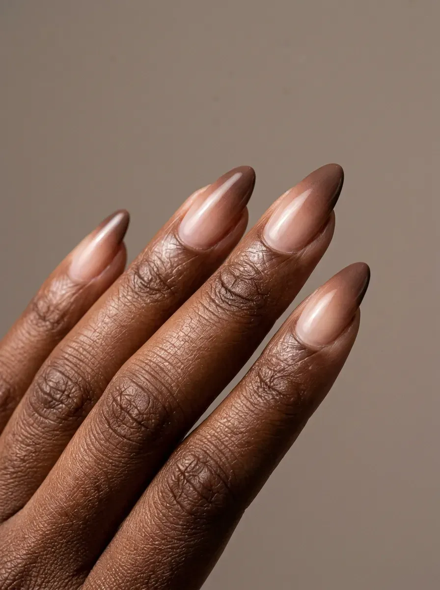 Medium almond gel nails with soft chocolate brown fading tips