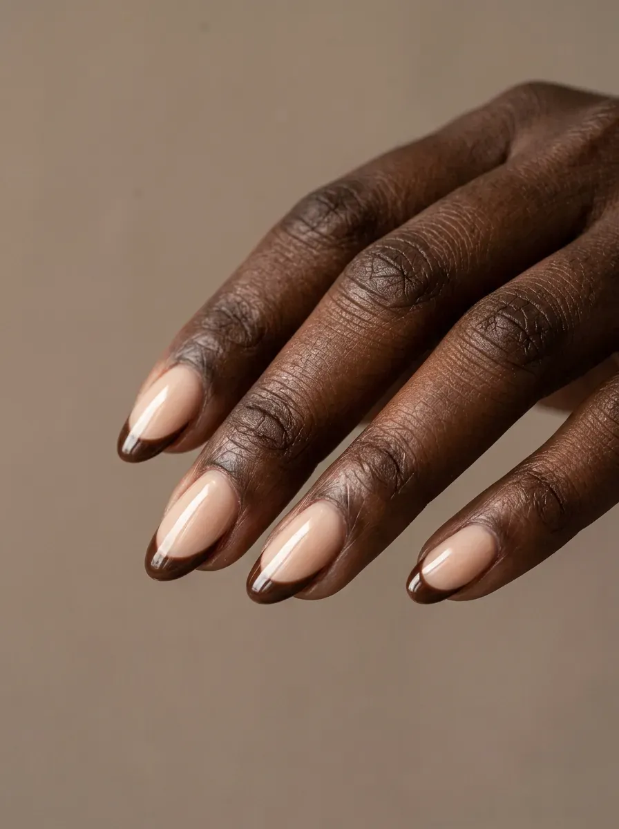 Medium oval gel nails with chocolate brown side French accents