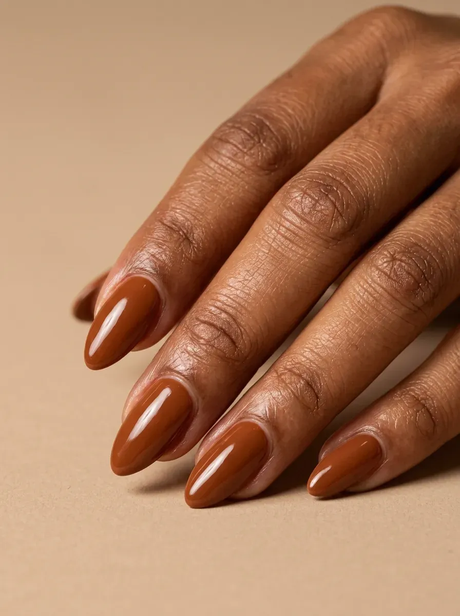 Cinnamon brown almond nails with glossy finish on warm brown skin