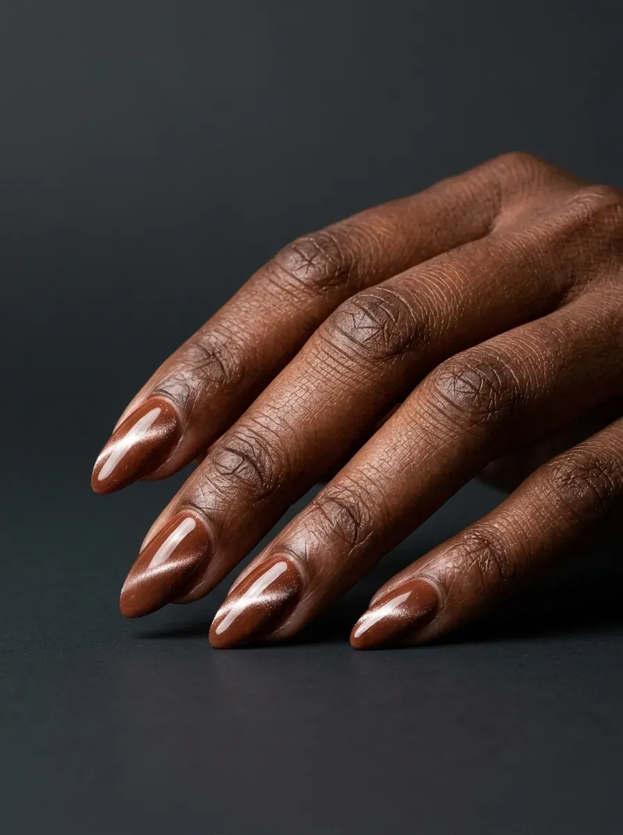 Cinnamon brown cat-eye nails with subtle magnetic shimmer