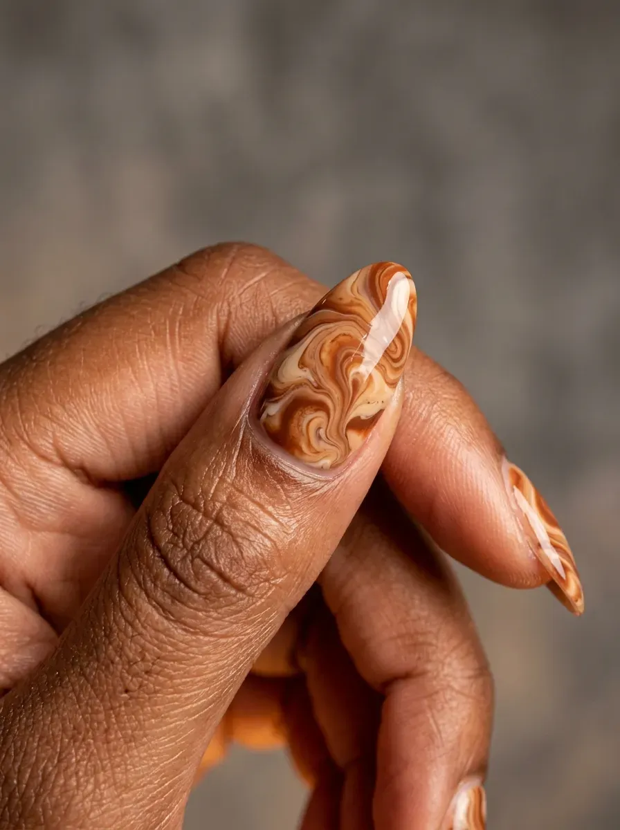 Marbled cinnamon and cream swirl pattern gel nail art