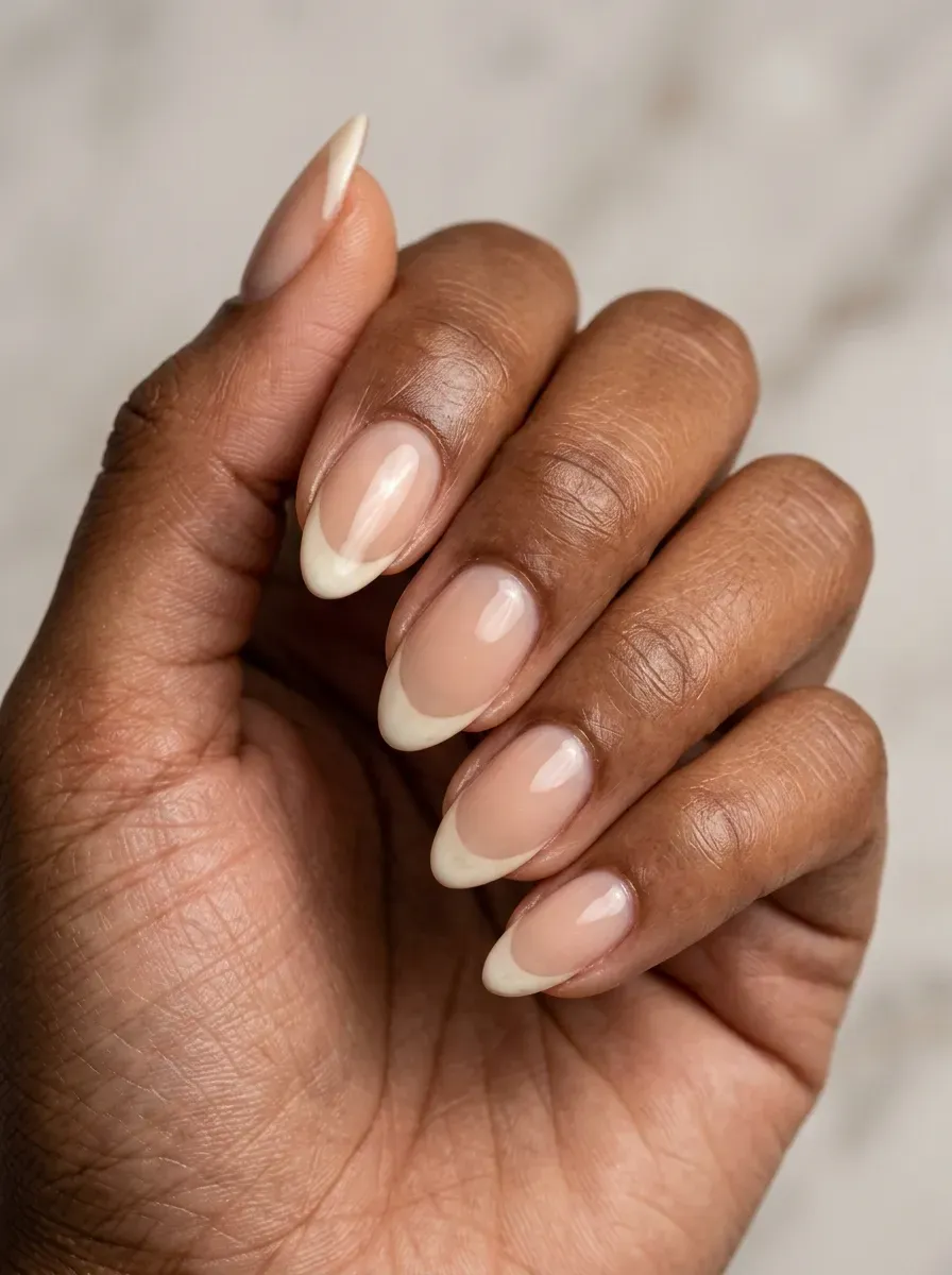 Short almond gel nails with creamy French tips and sheer nude bases