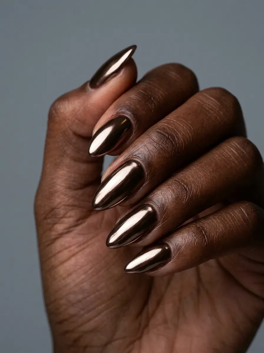 Dark coffee brown chrome nails with reflective finish on rich dark skin