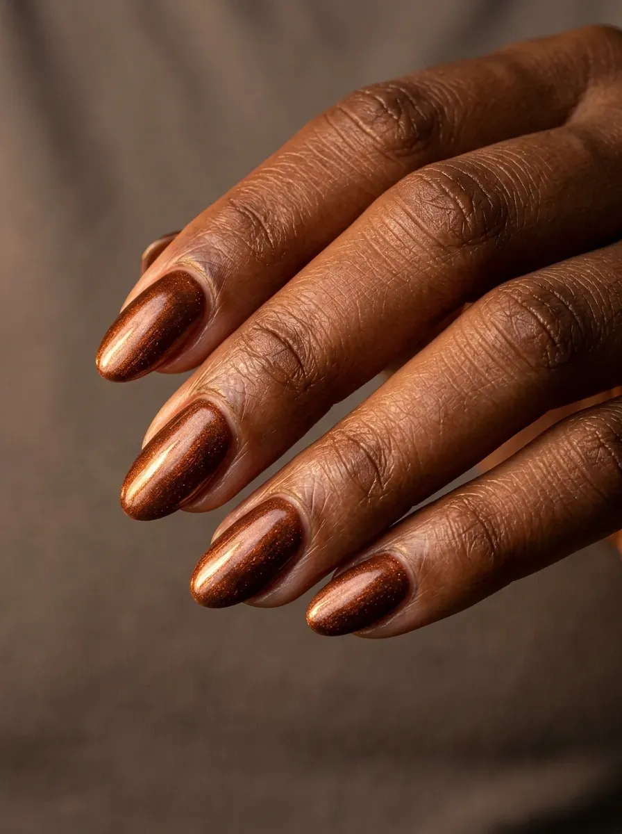 Copper brown metallic nails with warm reflective finish on deep chestnut skin