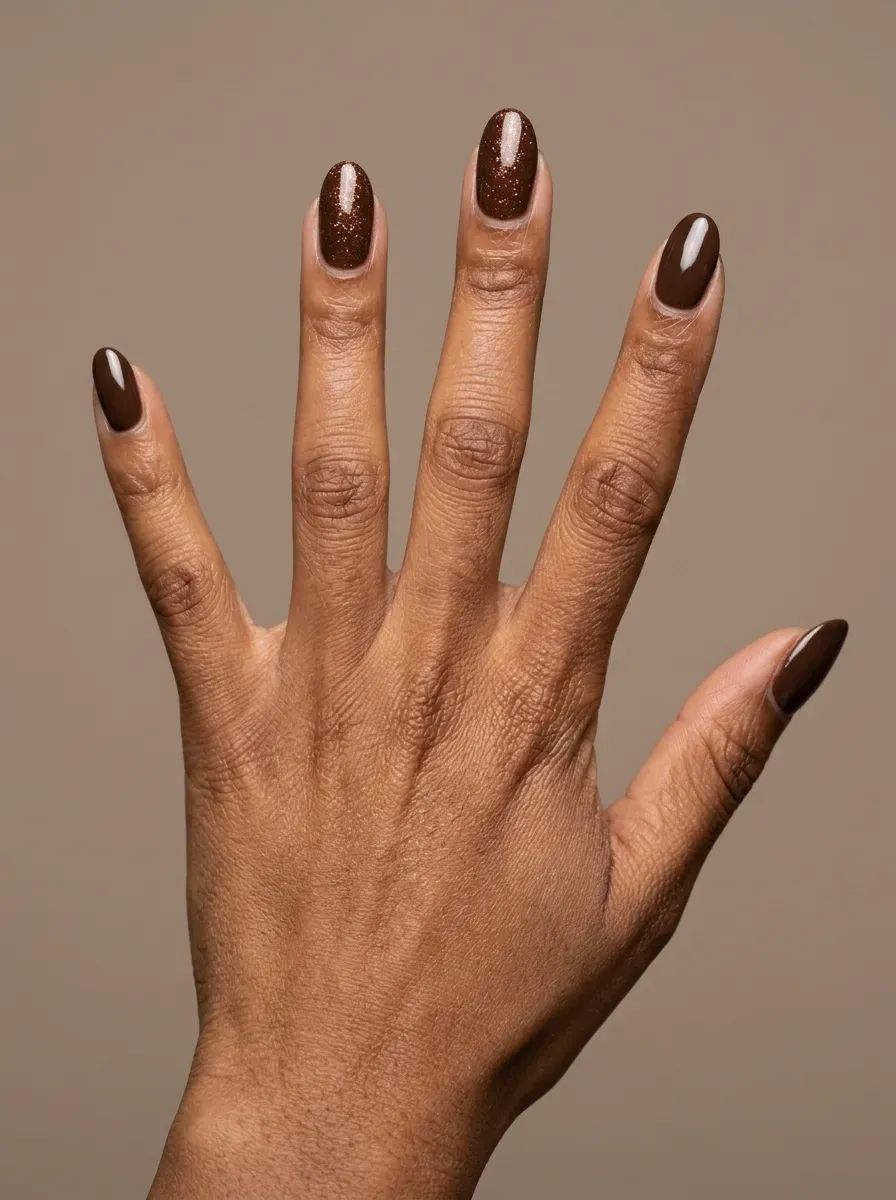 Deep brown nails with subtle copper glitter accent manicure