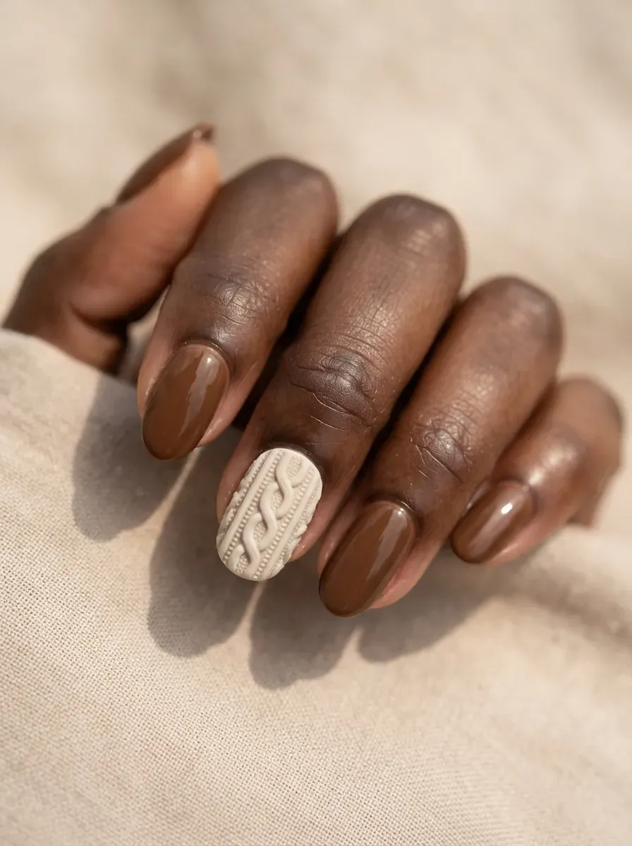 Textured gel nail art resembling a knitted sweater pattern