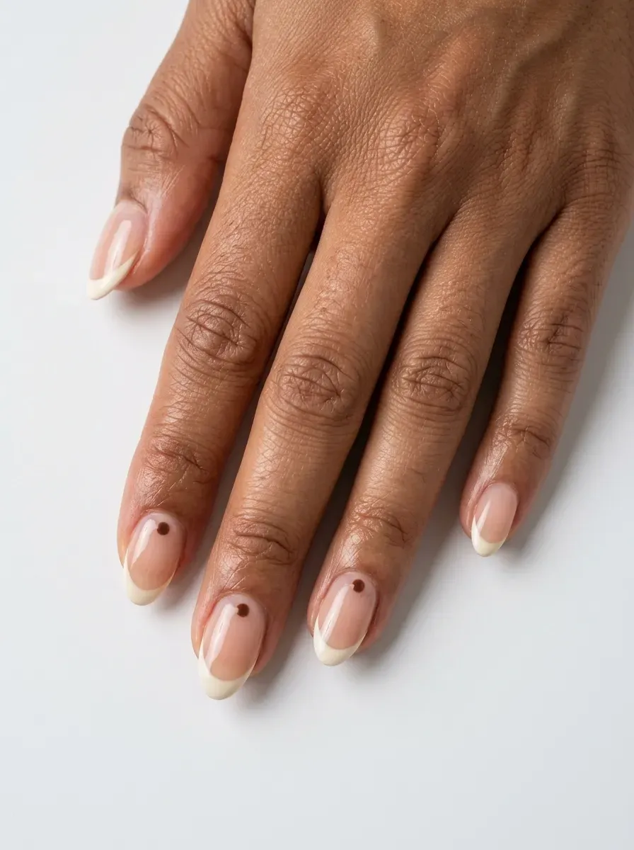 Short almond gel nails with cream French tips and tiny brown dots
